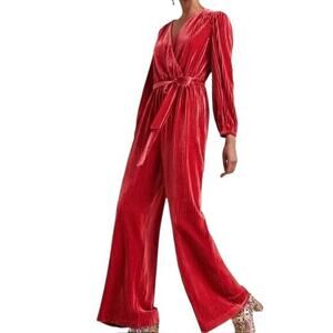 Ali &‎ Jay Womens Samantha Velvet Jumpsuit L Red Ribbed Belted V-Neck Party NWOT